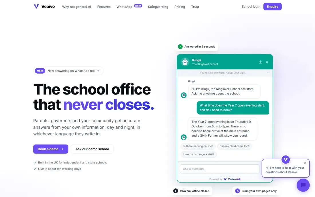 Veaivo Ask answering a question about an open evening on a school website