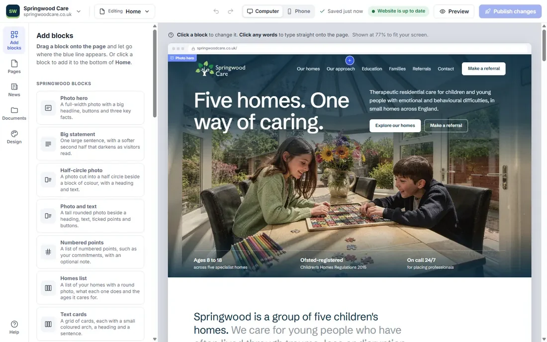 The website editor, with a list of blocks on the left and the page being edited on the right