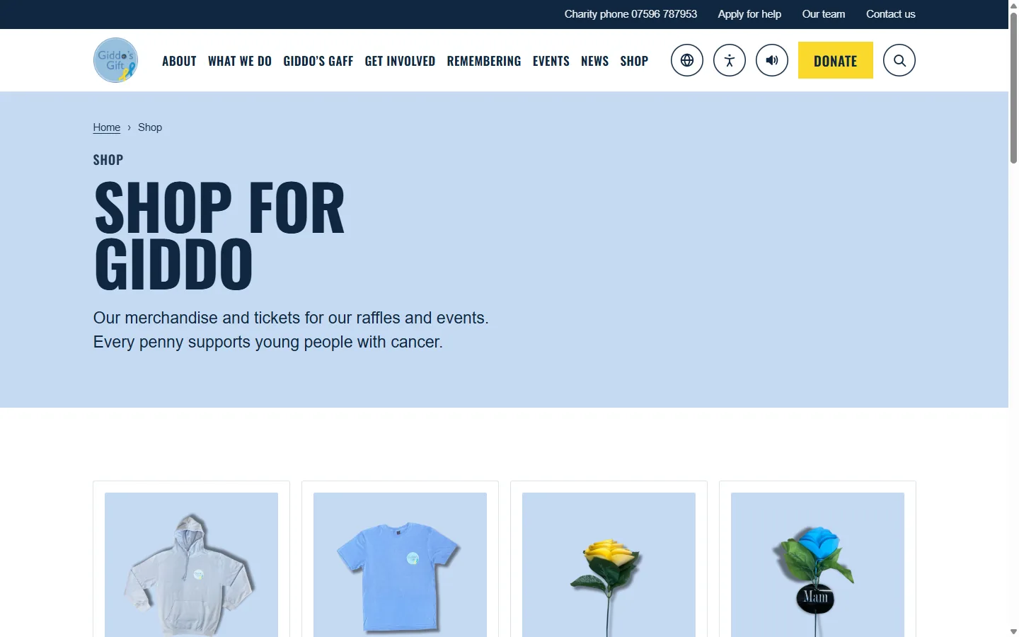 The Giddo’s Gift shop page, with hoodies, T-shirts and flowers for sale