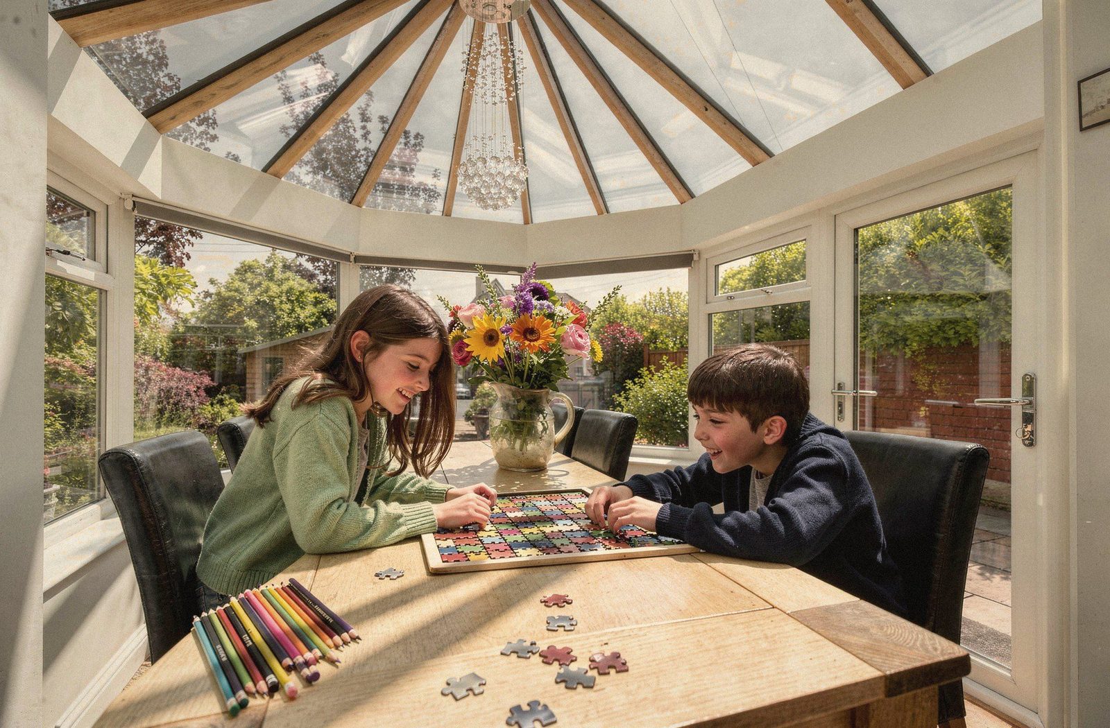 Two children doing a jigsaw at a table in a sunny conservatory